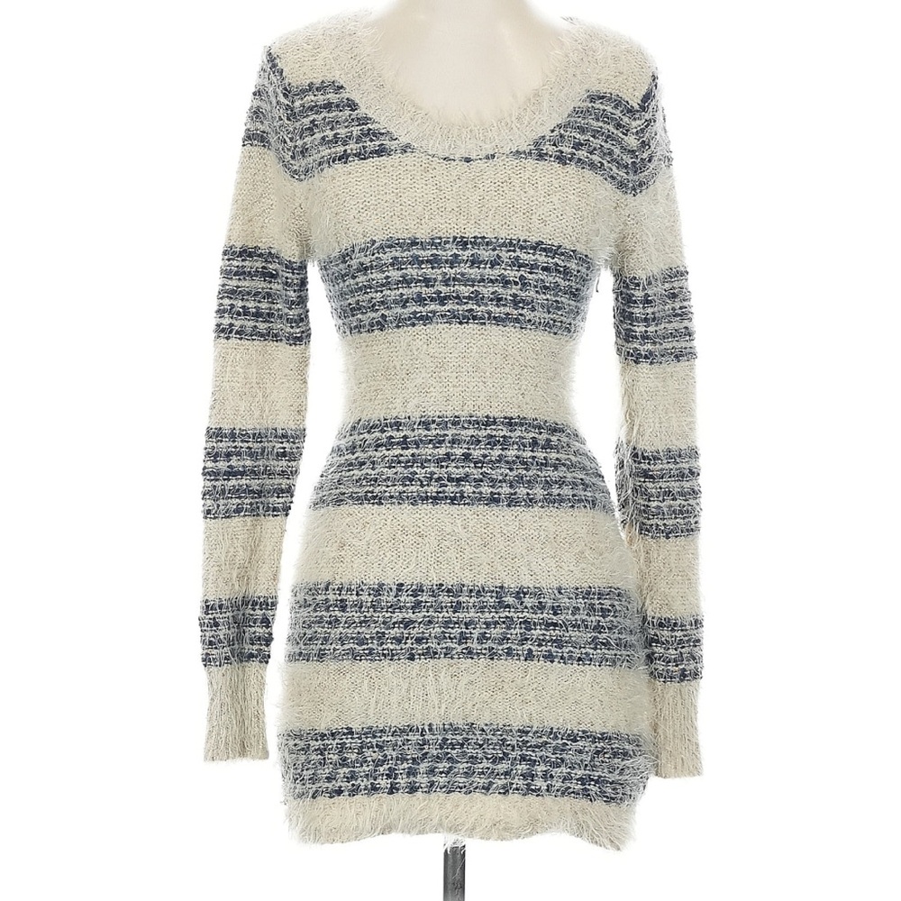 Chic Striped Long Sleeve Sweater Dress - Cream and Navy